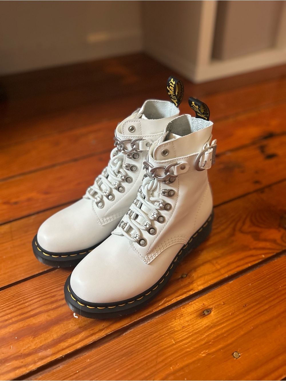 Dr. Martens White Leather Lace-Up Combat Boots with Buckle Strap